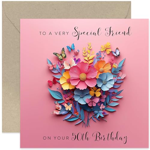 Very Special Friend 50th Happy Birthday Greeting Card - Gifts for Her - Floral Paper Cutout Artwork with Butterflies - Age 50 - Pink Birthday Cards - Heartfelt Sweet Card - Non 3D