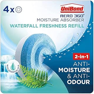 Unibond AERO 360° Moisture Absorber Waterfall Freshness Refill Tab,Aromatherapy,Ultra-Absorbent and Odour-Neutralising,for Dehumidifier,Condensation Absorbers,Four Pack(4x450g),2851728,White and Blue