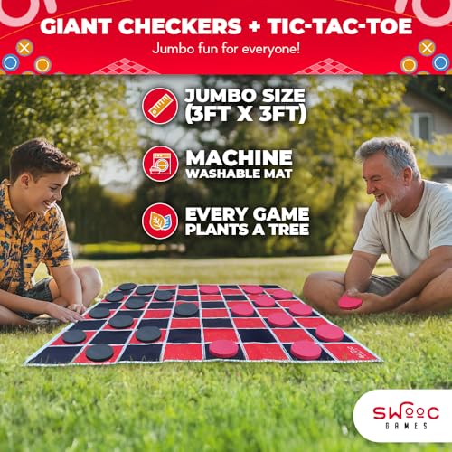 Image of Swooc Games - 2-in-1 Vintage Giant Checkers & Tic Tac Toe Game W /Mat (3ft x 3ft) - 100% Machine-Washable Canvas - Giant Outdoor Games for Kids - Yard Game for Kids - Jumbo Lawn Set - Large Checkers