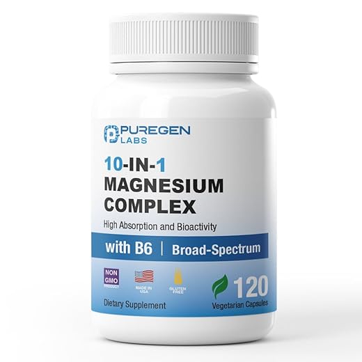 Puregen Labs 10 in 1 Magnesium Complex 500mg with B6-120 Veggie Capsules [High Absorption and Bioactivity] Non-GMO, NO Gluten and Dairy - Made in USA