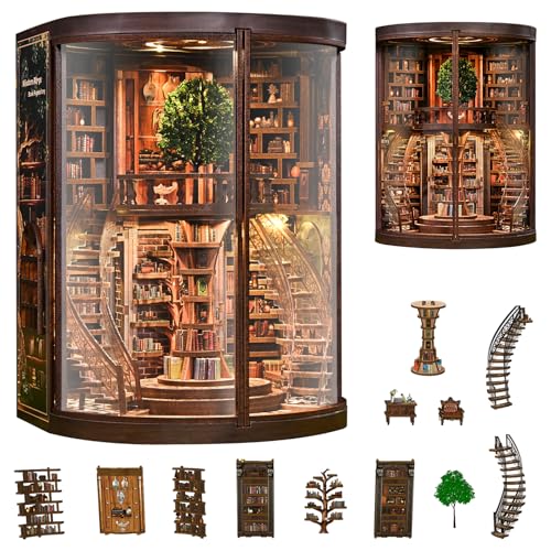 Book Nook Kit for Adults - DIY Miniature Wisdom Library Dollhouse Book Nook Tiny House Bookshelf Decor Creative 3D Wooden Puzzle Wooden Adult Craft Kits Gift