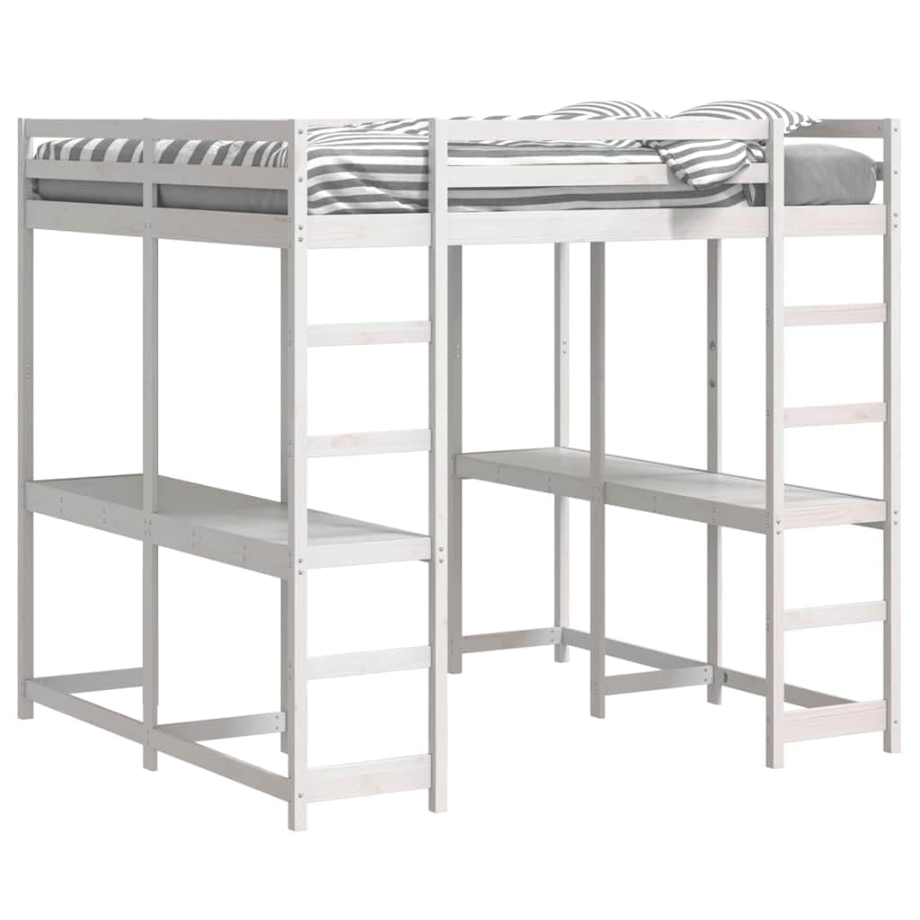 Cama alta con escritorio y escalera, marco de cama de pino blanco, 160 x 200 cm, cama de tamaño Queen robusta para niños y jóvenes, mueble que ahorra espacio