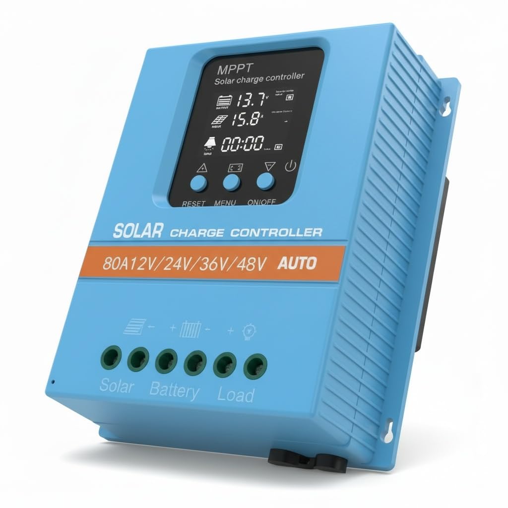 Regolatore di Carica Solare Intelligente 80A MPPT, Rilevamento Automatico 12V/24V/36V/48V, Ingresso PV Max 100V, Display LCD, Doppio USB, per Batterie Piombo/Litio (LiFePO4)