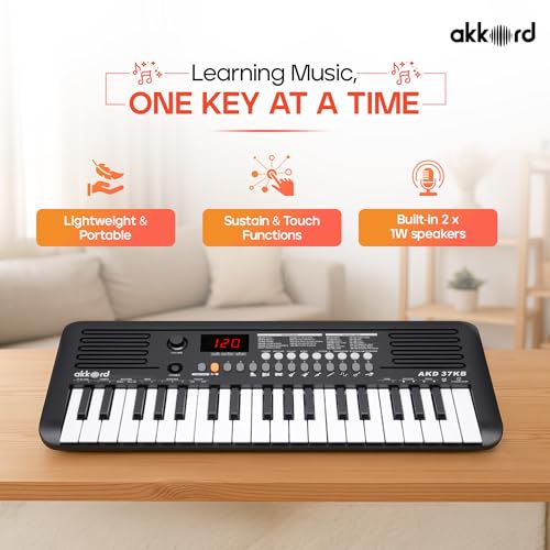 Image of Akkord 37 Keys Music Keyboard - Black Edition | MIDI USB-C, Touch Response, 200 Rhythms, Tones & 40 Demos, LED Display, Portable Beginner Piano Compatible with GarageBand.