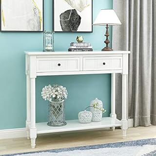 Merax Narrow Console Sofa Table with Drawers and Long Shelf for Living Room, Entryway/Hallway, Retro White