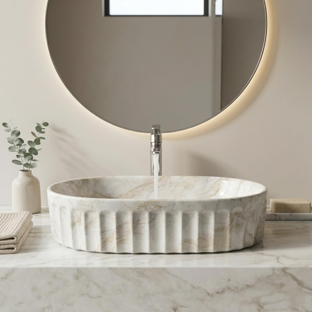 BASSINO Ceramic Wash Basin - White Marble Sink -4