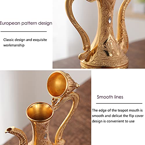 Turkish Coffee Cup And Tea Pot Set Including Teapot,Tea Tray,6 Metal Cups,Tea Service Set For Tea Table Decor,Hip Flask,Gift(Gold) #TOP2