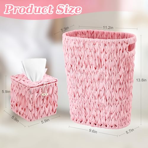 Image of BSSN Wicker Trash Can and Square Tissue Box Cover, 4 Gallon Water Hyacinth Bathroom Trash Can, Handwoven Napkin Holder, Narrow Small Waste Basket, Rustic Decorative Home Set for Bedroom,Office (Pink)