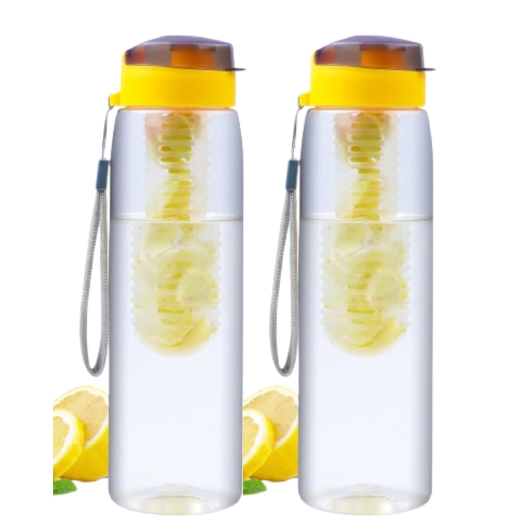 GOPI Infuse Plastic Water Bottle, 800 ml, Set of 2, YELLOW | Detox Bottle with Infuser Chamber | Leakproof Plastic Bottle with Wide Mouth Opening | Ideal for Gym, Office, Travel