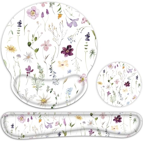 G JGOO Keyboard Wrist Rest, Ergonomic Mouse Pad with Wrist Rest and Coaster, Non-Slip Rubber Base Easy Typing and Relieve Wrist Pain, Mouse Pad with Wrist Support for Home, Office, Game - White Flower