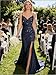 V Neck Satin Prom Dress with Slit Lace Appliques Mermaid Long Prom Dresses Corset Back Spaghetti Strap Pleated Floor Length Evening Formal Gown Navy Blue