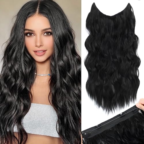 Clip In Halo Hair Extensions: Invisible Wire Hair Extension With Adjustable Size Transparent Headband 4 Secure Clips 20 Inch Long Curly Wavy Black Secret Hairpieces For Women #TOP12
