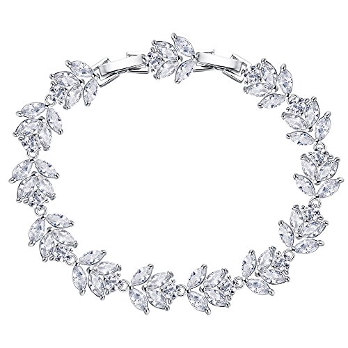 EVER FAITH Silver-Tone Full Cubic Zirconia December Birthstone Leaf Bridal Roman Tennis Bracelet Clear