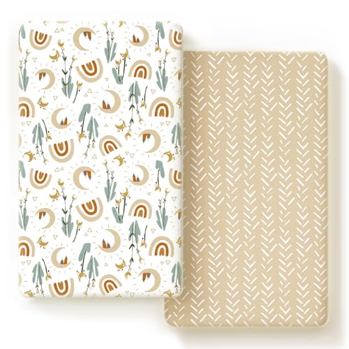 Image of GRSSDER Stretchy Ultra Soft Jersey Knit Fitted Crib Sheets Set 2 Pack，Fits All Standard Crib Mattress Pads Safe and Snug, Rainbow Creative Painting Pattern