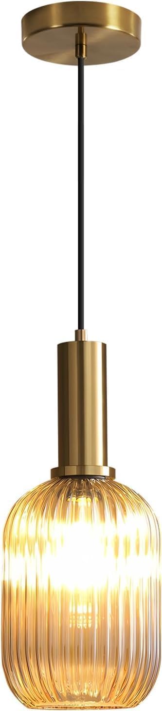 KCO Lighting 1-Light Amber Glass Ceiling Light Fixture Vintage Striped Glass Pendant Light Farmhouse Cylinder Pendant Light Gold Mini Kitchen Island Pendant Lighting Single Hanging Light