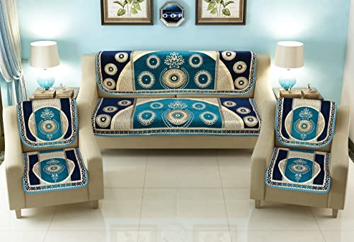 Image of Sofa Cover 3 Seater and 2 Seater - 3+2 Chenille Sofa Covers Set 10 Pcs 5 Seater - 3+1+1 Panels for Home Living Room Sofa Couch Decor (Coffe), Blue