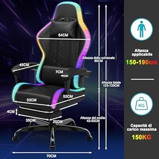 Devoko Sedia da Gaming con Massaggiante Schienale Regolabile 90-135°, Sedia Gaming con LED e Poggiapiedi Telescopico,Poltrona Ergonomica Portata 150 kg (Nero)