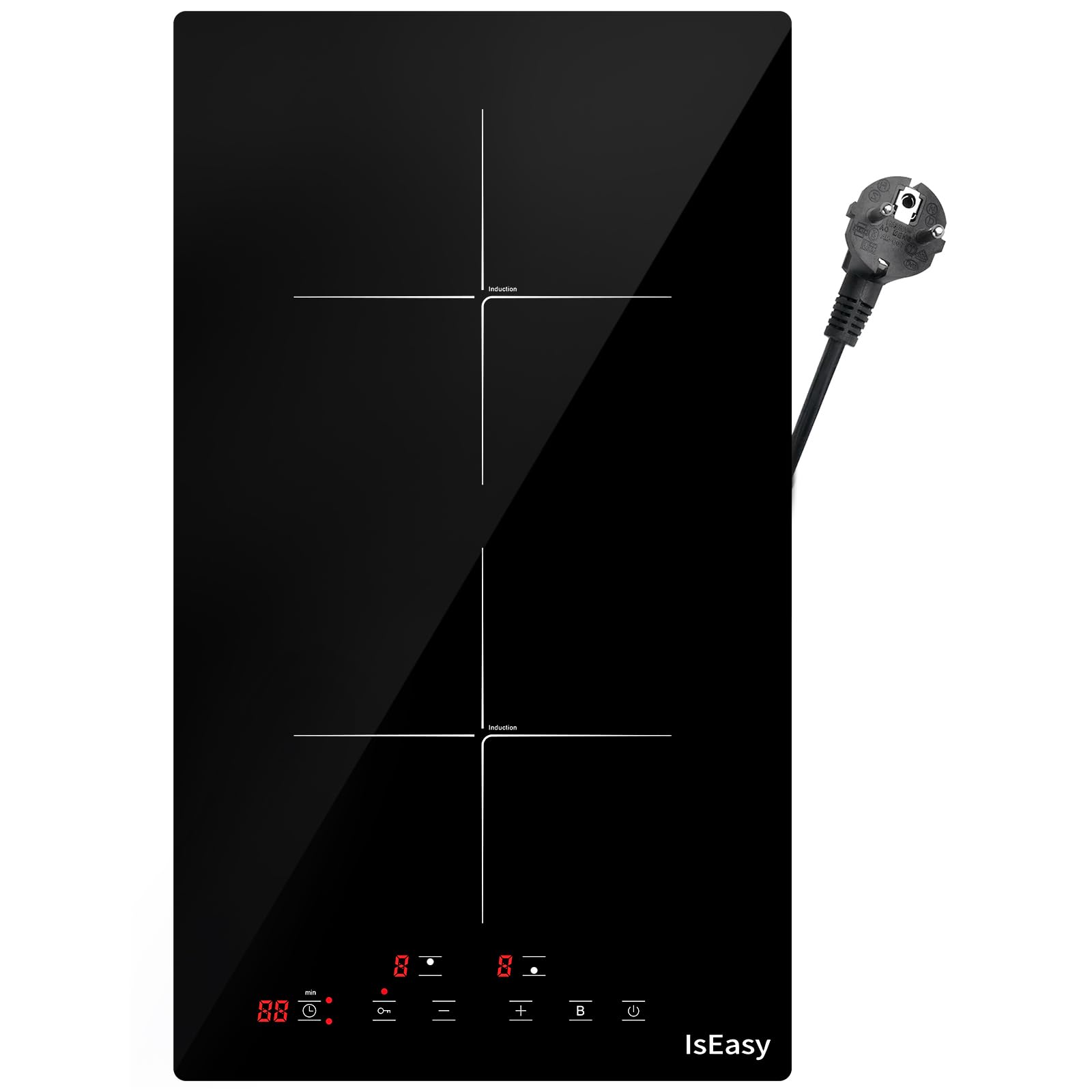 IsEasy Placa de Inducción 2 Zonas, 9 Niveles de Potencia, Temporizador de 1-99 Min, Función Boost, 29.5 cm, 3400 W, Negro