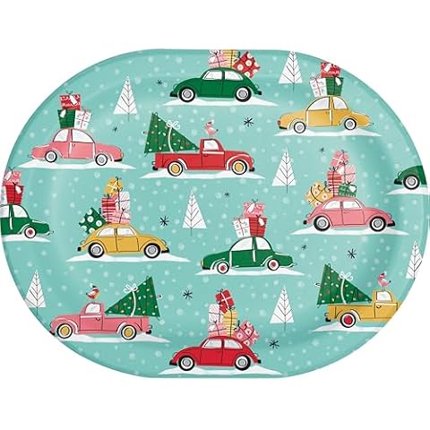 Trendware Christmas Cars Vintage Oval Dinner Paper Plates, 24 Count, Decorative 12" x 9.25" Heavy Duty Dinner Plates for Christmas Dinner and Winter Holidays Cover