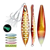 OCEAN CAT Slow Pitch Lead Metal Flat Fall Fishing Jig Lure Bait Spoons with Assisted Hook (Red&Gold,