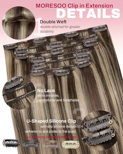 Image of Moresoo Human Hair Extensions Clip ins Brown Highlight Real Hair Clip in Extensions Dark Brown Highlights with Caramel Blonde Double Weft Clip in Human Hair Extensions 7pcs 120g 20 Inch