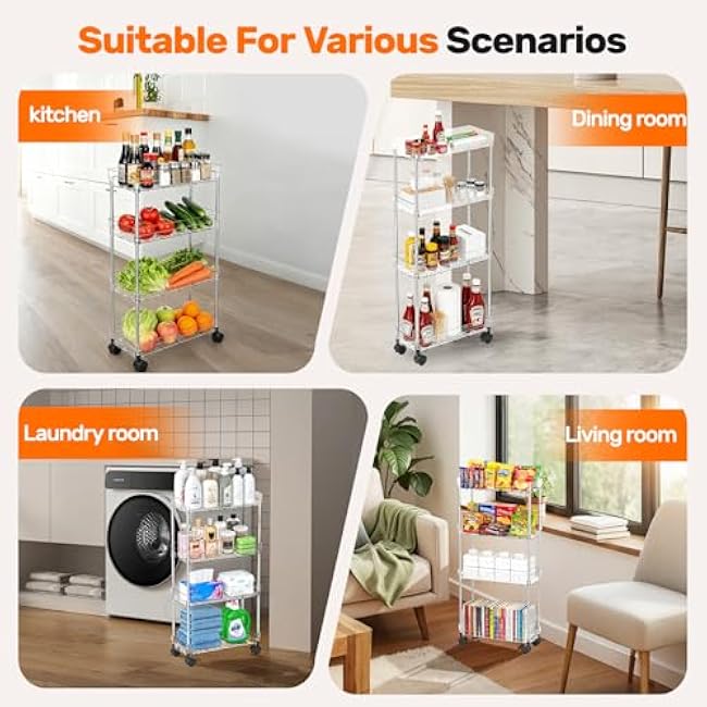 4 Tier Slim Storage Cart with Wheels Slim Rolling Utility Cart Mobile Shelving Units Organizer for Narrow Space in Home Kitchen Bathroom Laundry Room Transparent (Width 6.3 Inches)-LJECXmRn