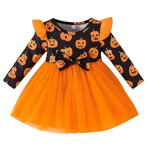 Winmany Menino pequeno menina Halloween Tutu vestido Outfit bebé de manga comprida abóbora romper roupa saias de renda com laço, Laranja