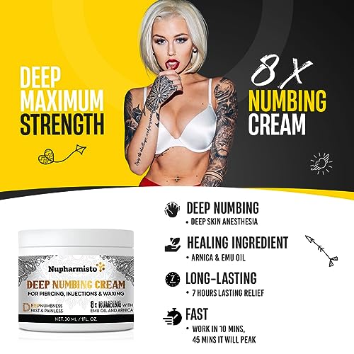 Nupharmisto Deep Numbing Cream, Fast Action, 7 Hours Maximum Strength Painless Numbing Cream, 8x Numbing with Emu Oil and Arnica. 30ml/1oz