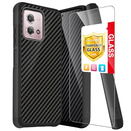 TJS Funda compatible con Motorola Moto G Stylus 4G 2023 (solo versión Cricket), con protector de pantalla de vidrio templado de doble capa, soporte magnético híbrido a prueba de golpes (fibra de