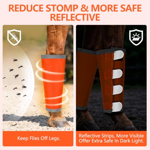 Image of Fly Boots for Horses Set of 4 with Reflective Vercros, Loose Fitting Mesh Horse Fly Boots Leggings, Adjustable Equine Leg Wraps & Socks, Stay Up Not Sag, No Rub