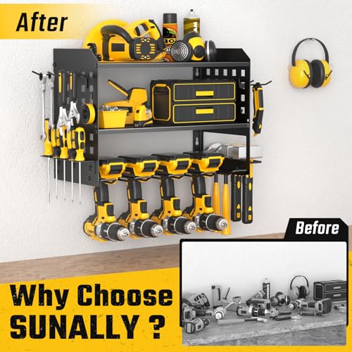 Image of SUNALLY Power Tool Organizer, Heavy Duty Wall Mount Tool Organizer 3 Layers with 4 Drill Holders, Garage Tools Storage Rack with 2 Side Pegboards and Hooks for Workshop, Shed, Black