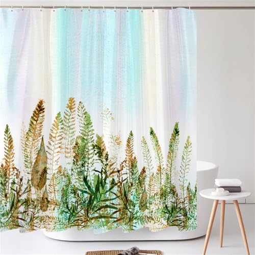 BBRILLI Cortina de ducha con estampado de abedules blancos, plantas verdes, cortina de baño de tela, DX7244, 240 x 180 cm