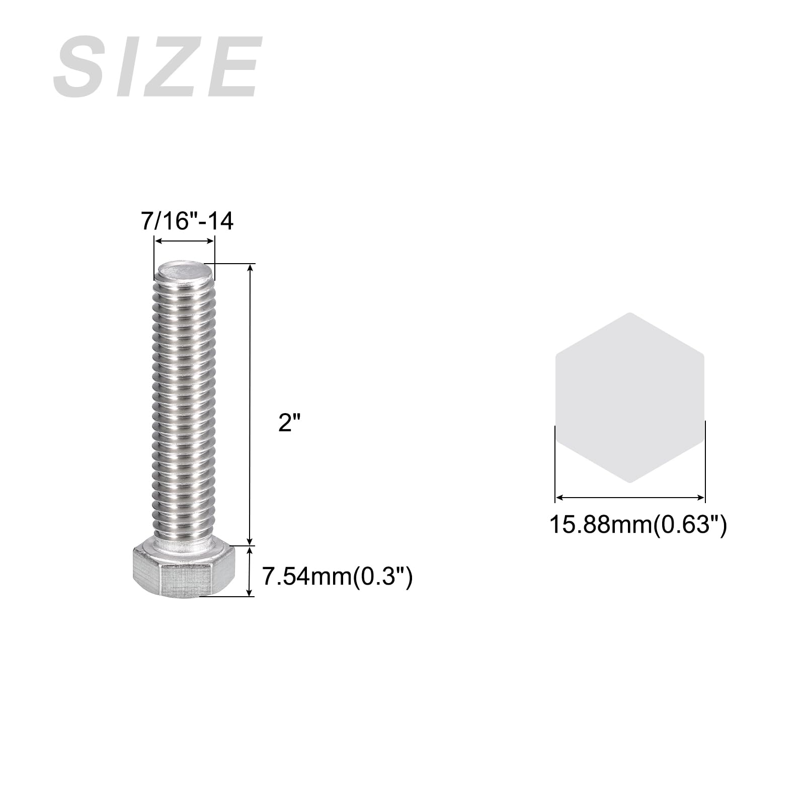 METALLIXITY Hex Head Bolts (7/16-14 x 2") 10Pcs, 304 Stainless Steel 18-8, Fully Threaded, External Hex Drive, Plain Finish - Image 2