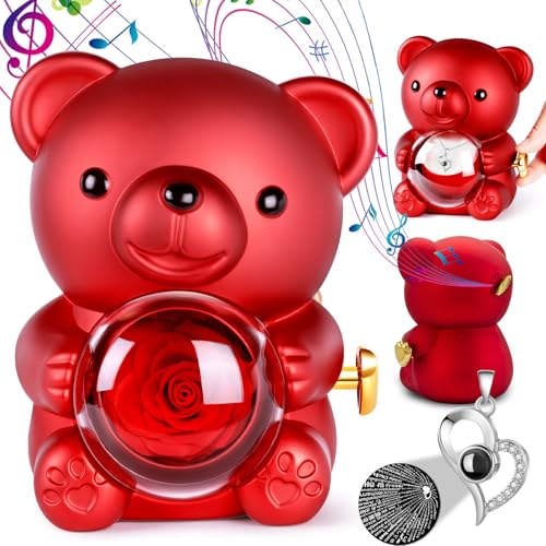 Aloskart Regalos Originales para Mujer Cumpleaños, Oso Rosa Eterna con Collar, Osito Rosa Eterna con Caja Música Manivela Incorporada, Regalo San Valentin Mujer, Oso Regalo Novia Mama Navidad