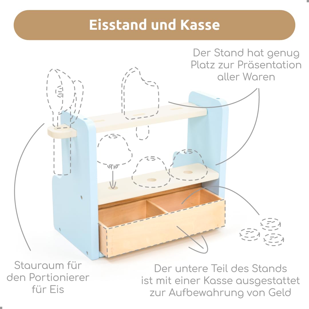 UMU® Kinder Eisdiele aus Holz - Eisladen inkl. Küchenzubehör, Spielgeld, Menükarte usw., Kinderküche Kaufläden & Zubehör zum Rollenspiel, 37-TLG. Holzspielzeug für Kinder ab 3 4 5 6 Jahren