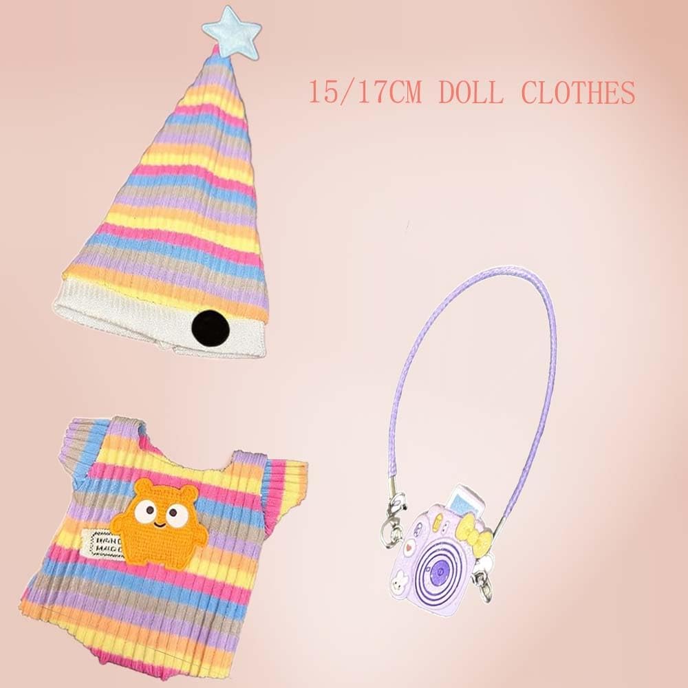 17cm Doll Clothes(NO Doll),Luxury 3-Piece Set for 17cm(6.9 Inch) Dolls: Fashion Hat & Pink Mini Camera Cute Outfit(Purple) , Adorable Stylish Accessories for Women Collectors Rainbow