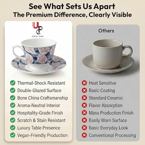 Image of U.P.C. Tea & Coffee Cup Saucer Set of 12 (6 Cups & 6 Saucers) | Navy Blue & Blush Pink Tropical Leaf Print | Ceramic Crockery Set for Home, Kitchen & Gifting