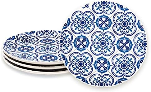 Sonemone Blue Salad Plates Set of 4, 8.75 inch Floral Ceramic Plates for Salad, Snack, Bread and Fruit, Microwave & Dishwasher Safe
