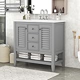 Bellemave 36'' Bathroom Vanity Cabinet with Sink Combo Set,Modern Freestanding Solid Wood Bathroom Cabinet with 2 Cabinets, Open Shelf and Storage Drawers for Small Space(Grey)