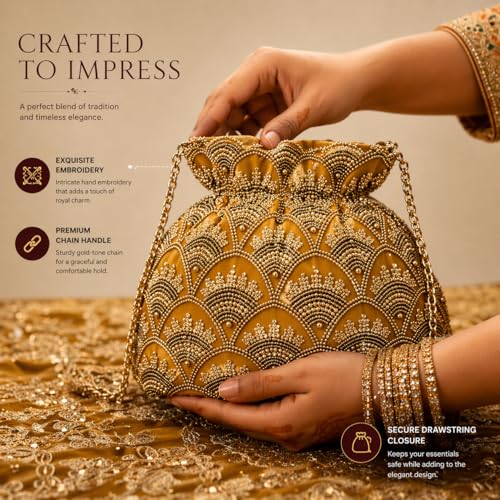 Image of Women's Embellished Zari & Pearl Velvet Potli Bag - Elegant Traditional Handcrafted Clutch for Weddings & Festive Occasions