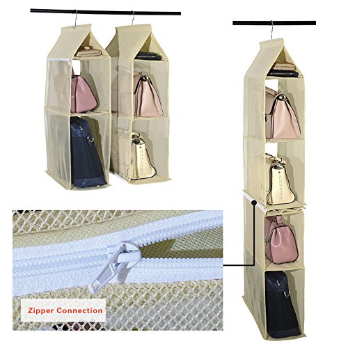 Detachable 4 Compartment Pouch Hanging Handbag Organizer Clear Purse Bag Storage Holder Wardrobe Closet Space Saving Organizers System For Living Room Bedroom(Pack Of 2 Beige) #TOP3