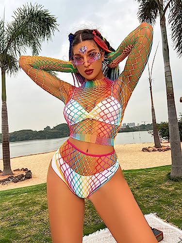 Women Rave Rainbow See Through Mesh Bikini Cover Ups Sexy Hollow Out 2 Piece Crop Top Mini Skirt Festival Outfit2