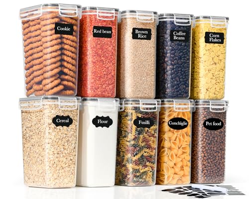 GoMaihe - Juego de 10 tarros de 2 litros: tarros herméticos con tapa para almacenar alimentos | cajas de cocina para pasta y azúcar | Sin BPA | Apto para lavavajillas | Incluye etiquetas y marcadores