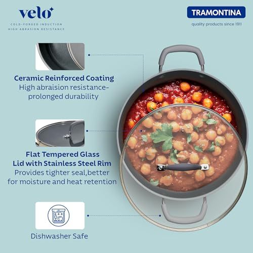 Image of TRAMONTINA Velo 24cm Shallow Kadai with Lid 2.9L | Ceramic-Reinforced Coating | Tempered Glass Lid | for Curry, Stir Fry, Sauteing & Everyday Cooking | Gas & Induction Compatible | Sand Beige