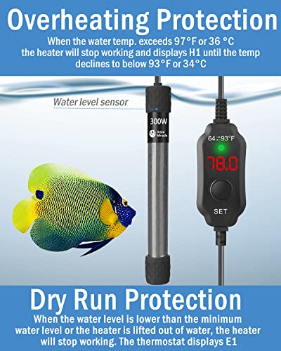 Aquamiracle Adjustable 300W Aquarium Heater Submersible Fish Tank Heater Super Short Aquarium Heater With Led Digital Display Thermostat, For Tanks 40-60 Gallons #TOP5