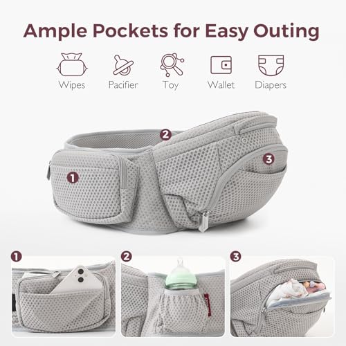 Momcozy Baby Carrier with Hip Seat, 2-in-1 Detachable Hands-Free Carrier for Long Walks, Forward-Facing Carry up to 44lbs, Breathable Infant Carrier, Fits Waists up to 45 Inches, AirMesh Grey