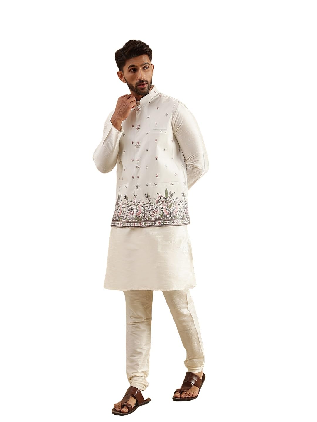 sojanya Men's Silk Blend Cream Kurta and Pyjama With Daman Embroidered Nehru Jacket-picture-20