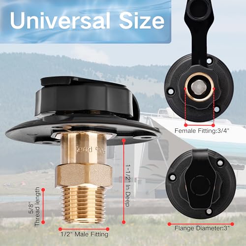 Image of RV City Water Inlet with Check Valve - 3 /4″ NH to 1 /2″ NPT Brass, Matte Black Dust Cap