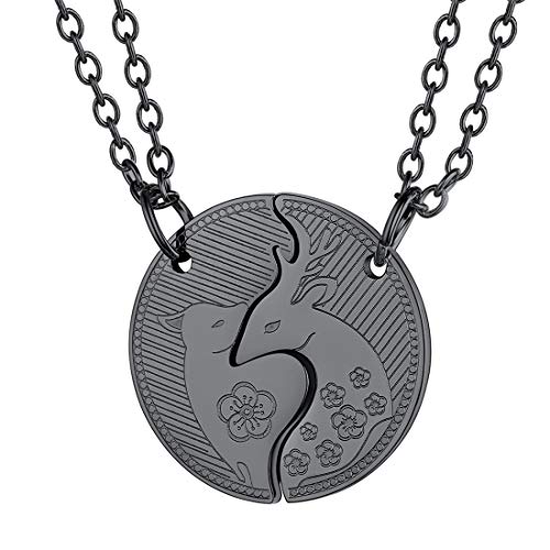 U7 Yinyang Sika Deer Necklace Ion Plating Black Metal Split Round Medal Pendant Necklaces Set for Couple Lover or Best Friend
