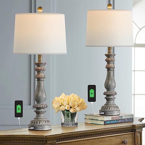 Bobomomo 27.75'' Usb Table Lamp Set Of 2 Antique Retro Nightstand Lamp For Bedroom Living Room Office Resin Classic Bedside Desk Lamps With White Fabric Shade #TOP7
